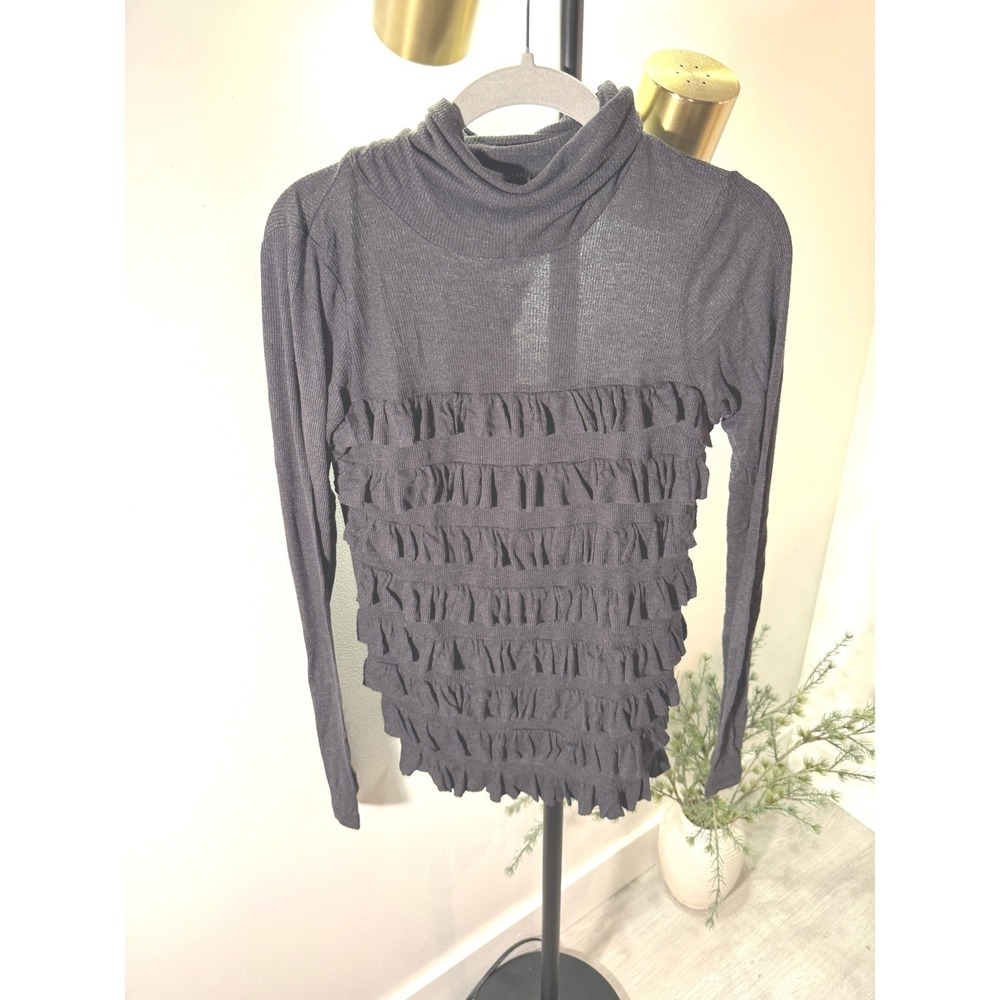Black Ruffle Front Mock Neck Long Sleeve Ribbed Knit Top Lightweight Sheer Slim